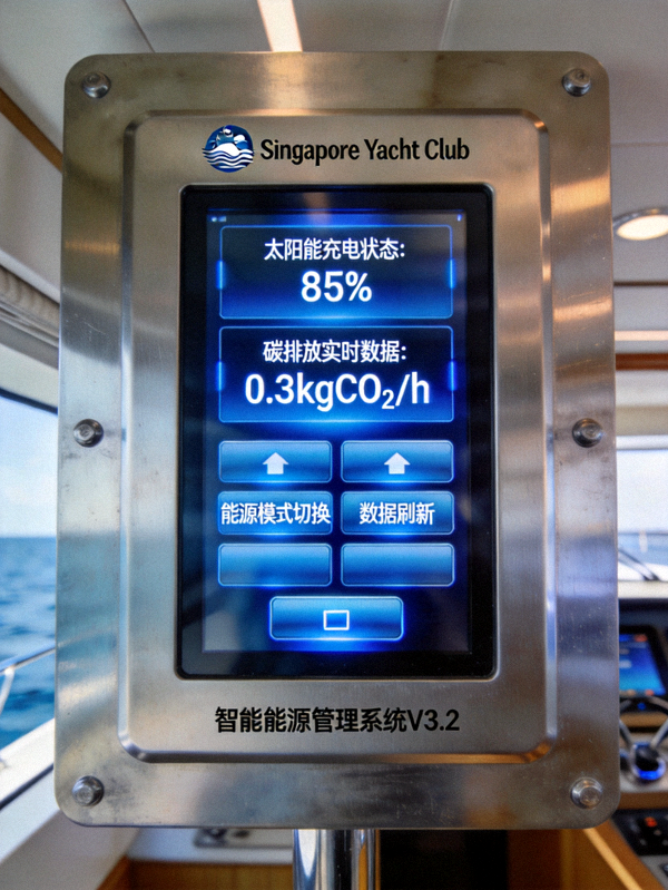 新加坡游艇会碳中和游艇内部智能能源管理控制面板，显示太阳能充电状态和碳排放实时数据